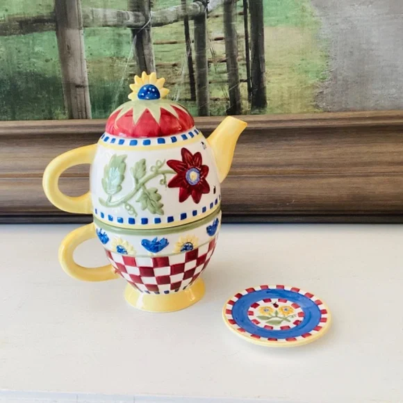 Vintage Hand Painted Tea-For-One 4 Ps Tea Pot Set County Cottage Floral Colorful